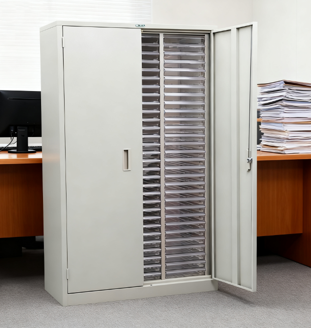 A person measuring office space for a new paper storage cabinet.