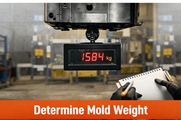 close-up of a mold rack's weight capacity label on a steel beam
