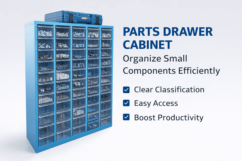 A close-up of a workshop parts organizer drawer with labels and dividers