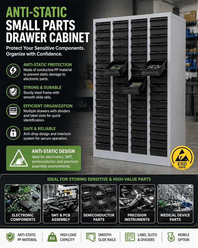 Different types of drawers for small parts storage