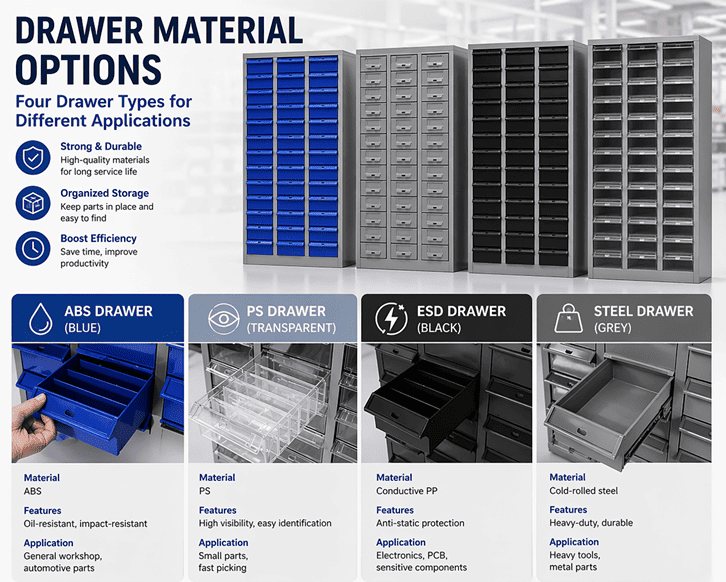 A comparison of steel, plastic, and anti-static drawers