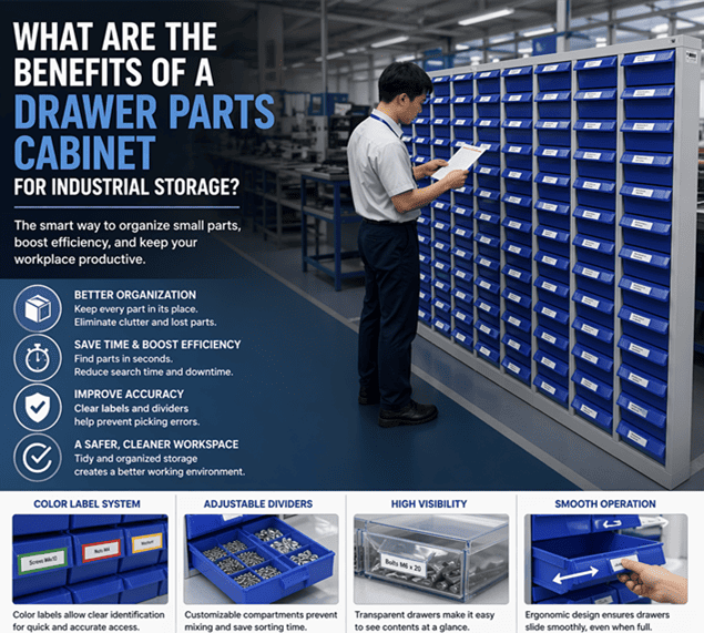 A drawer parts cabinet being used in a clean workshop