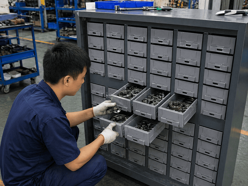 A sturdy steel parts cabinet holding heavy metal components in a workshop.