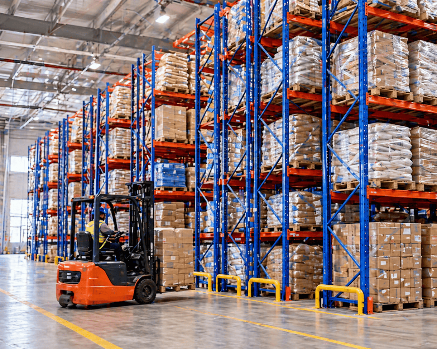A tall industrial pallet rack system reaching towards the warehouse ceiling.