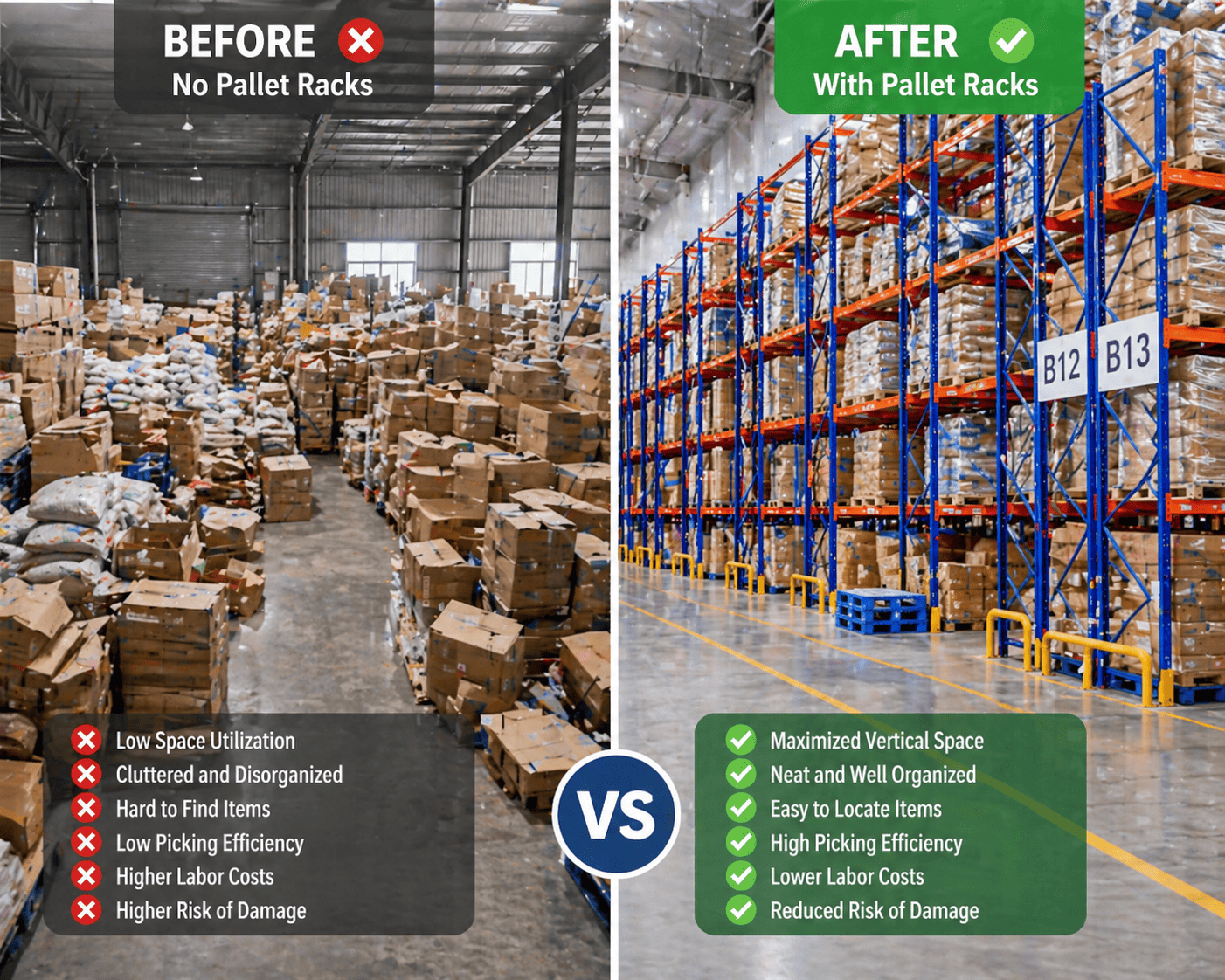 An organized warehouse with industrial pallet racks.