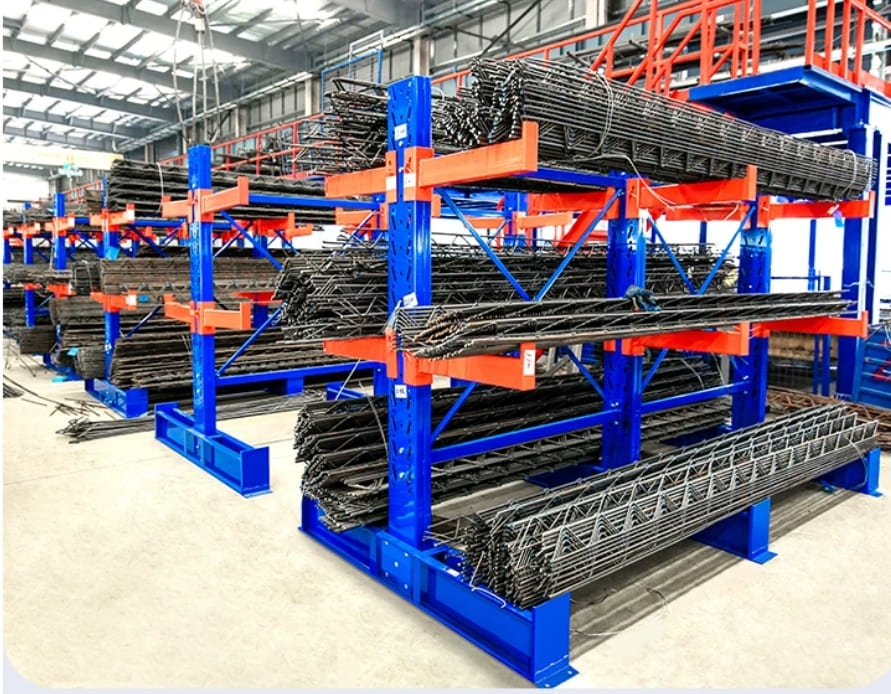 A cantilever rack system storing long steel pipes in a warehouse.