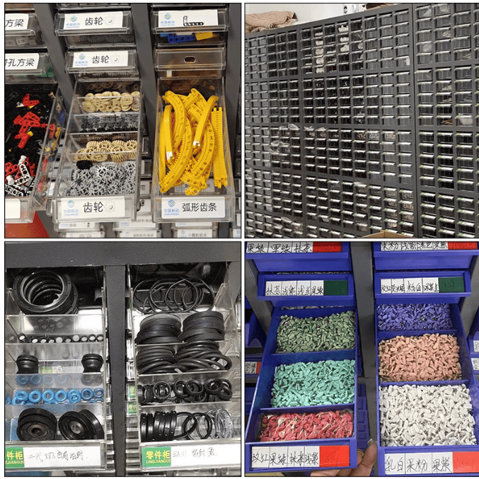 A well-organized workshop using clear drawer cabinets for small parts storage.