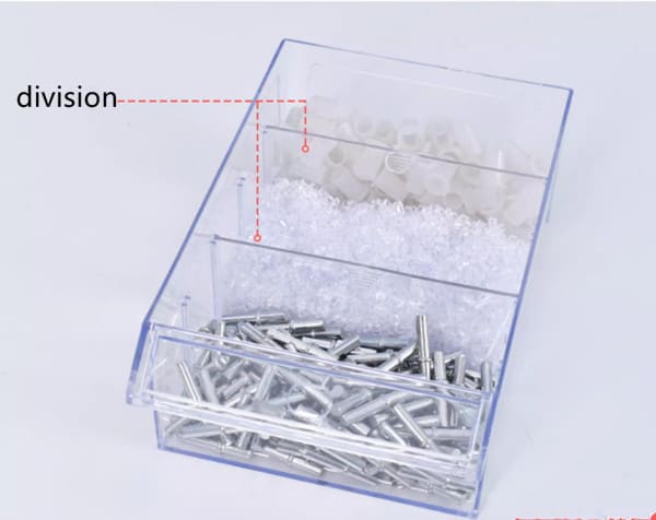 Organized small parts cabinet with labels and dividers