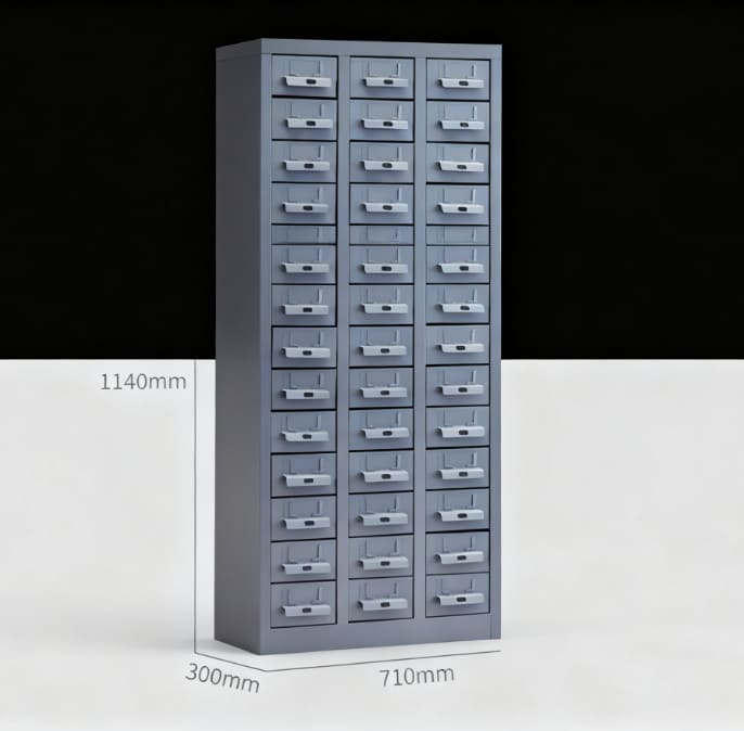 An organized steel parts cabinet with labeled drawers and internal dividers.