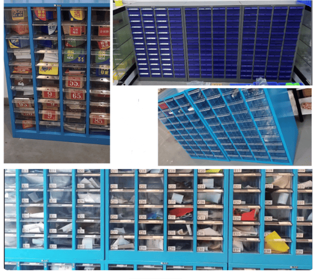 A close-up view of a clear drawer showing organized screws and bolts.