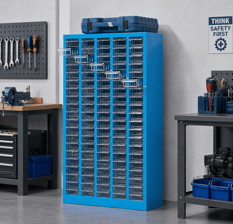 A manager quickly assessing inventory levels by looking at clear drawer cabinets on a workshop wall.