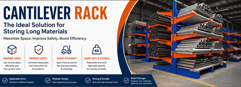 A forklift easily accessing materials on a tall cantilever rack, showing improved space utilization.