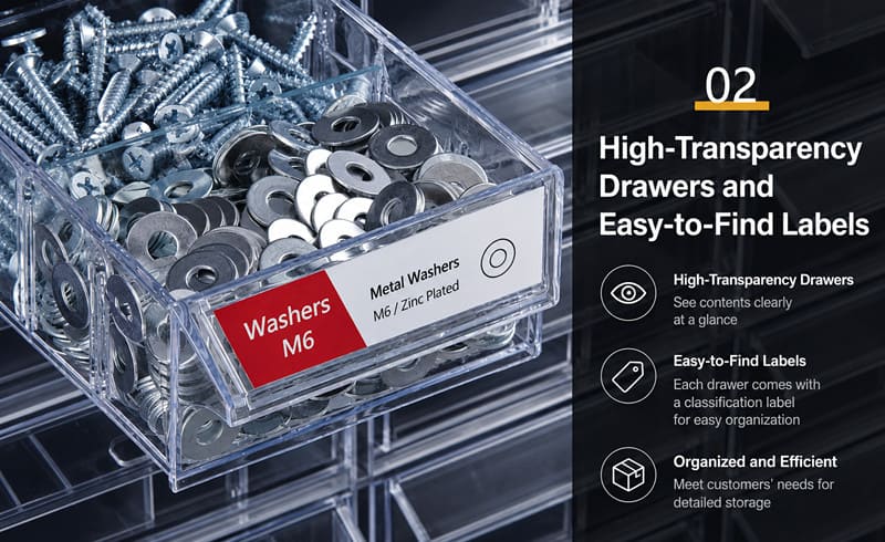 Close-up of labeled drawers in a hardware storage cabinet