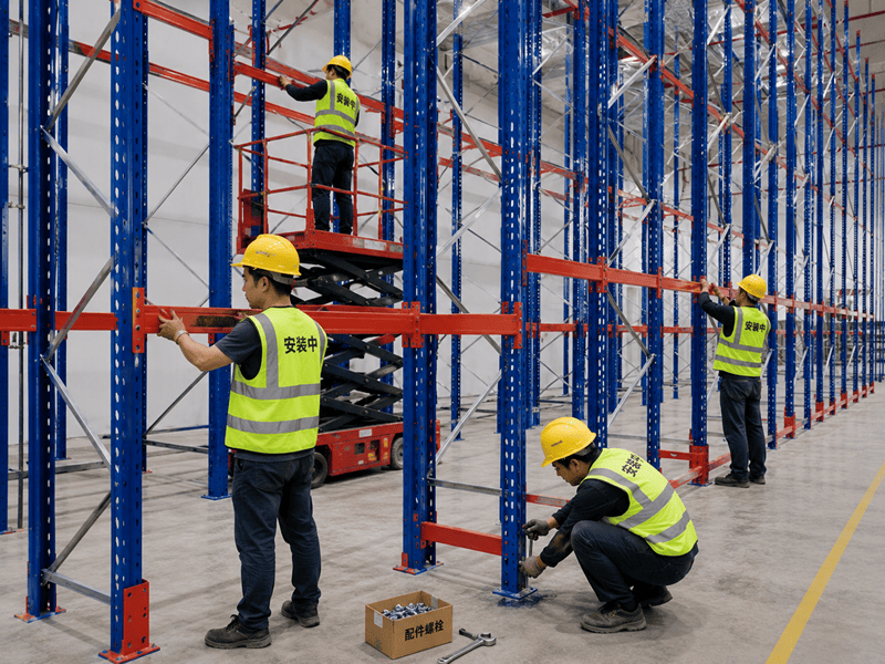A quality control inspector checking pallet rack welds