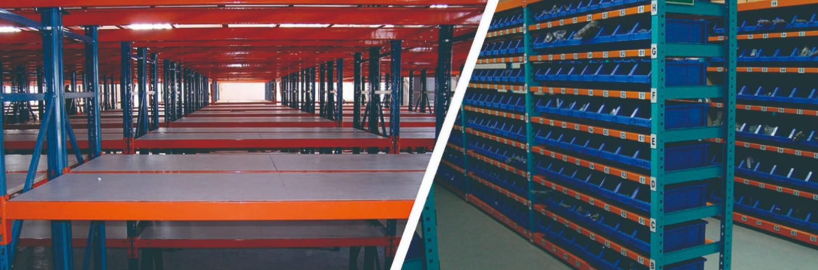 A clean warehouse aisle with blue and orange medium duty storage racks holding various boxes.
