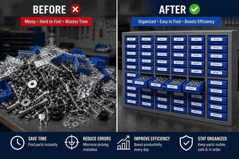 A well-organized workshop with drawer parts cabinets for small parts storage