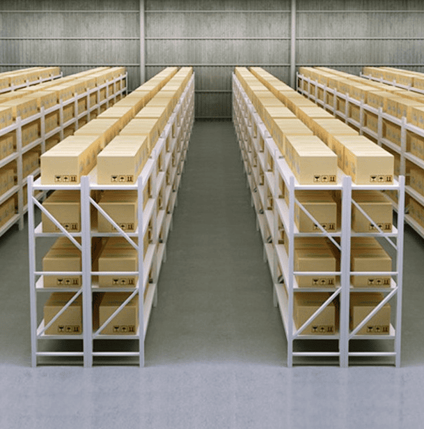 A tall unit of long span shelving showing how it utilizes vertical warehouse space.