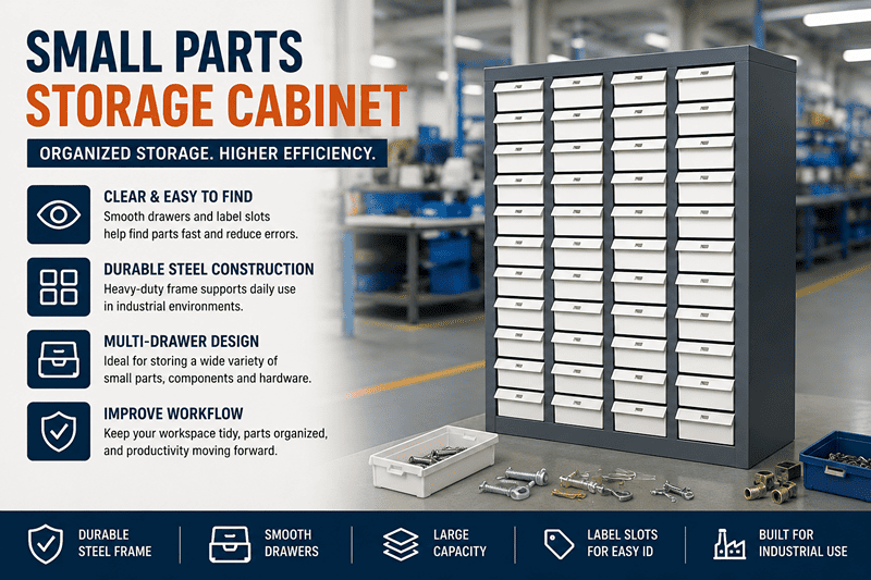 A well-organized small parts storage cabinet in a factory workshop