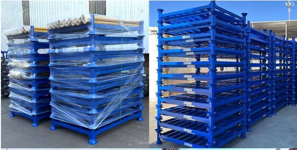 A stack of folded stackable racks, showing how little space they occupy