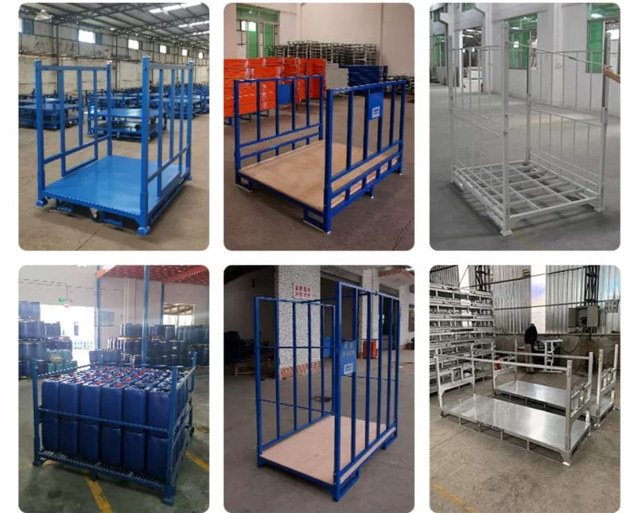 A heavy-duty stackable storage rack being used in an industrial warehouse