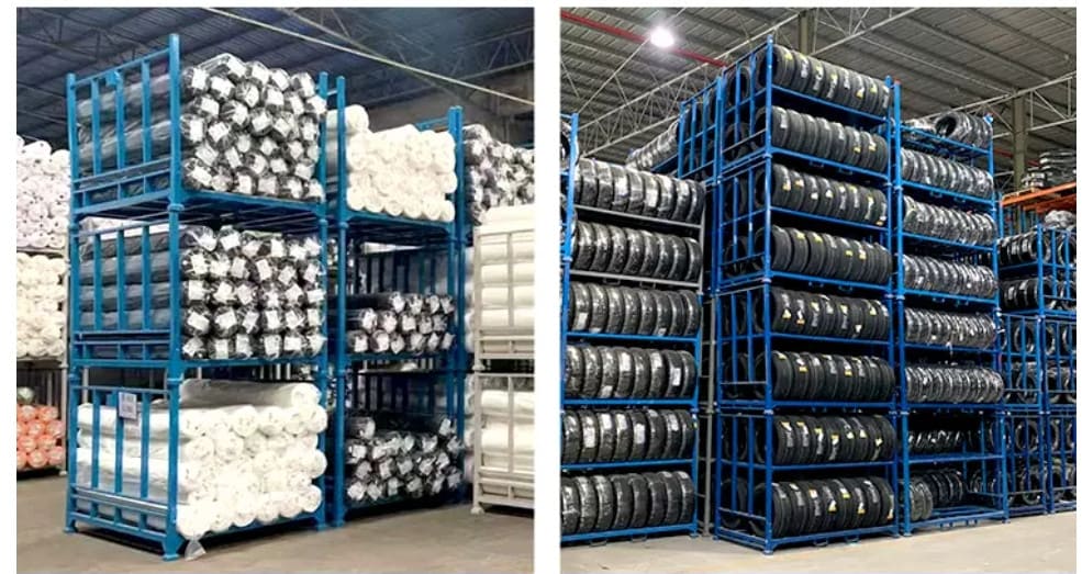 A comparison of a home garage tire rack and an industrial warehouse tire rack.