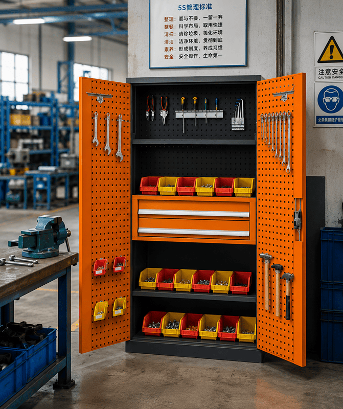 A steel parts cabinet in a machine shop next to a plastic cabinet in a cleanroom