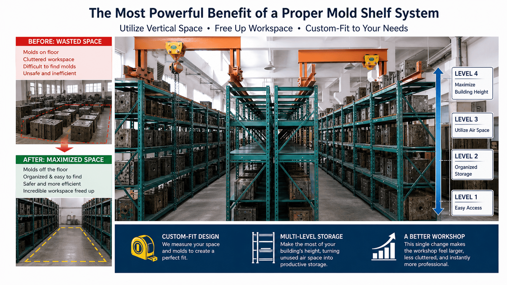 Organized workshop with mold shelves showing improved space