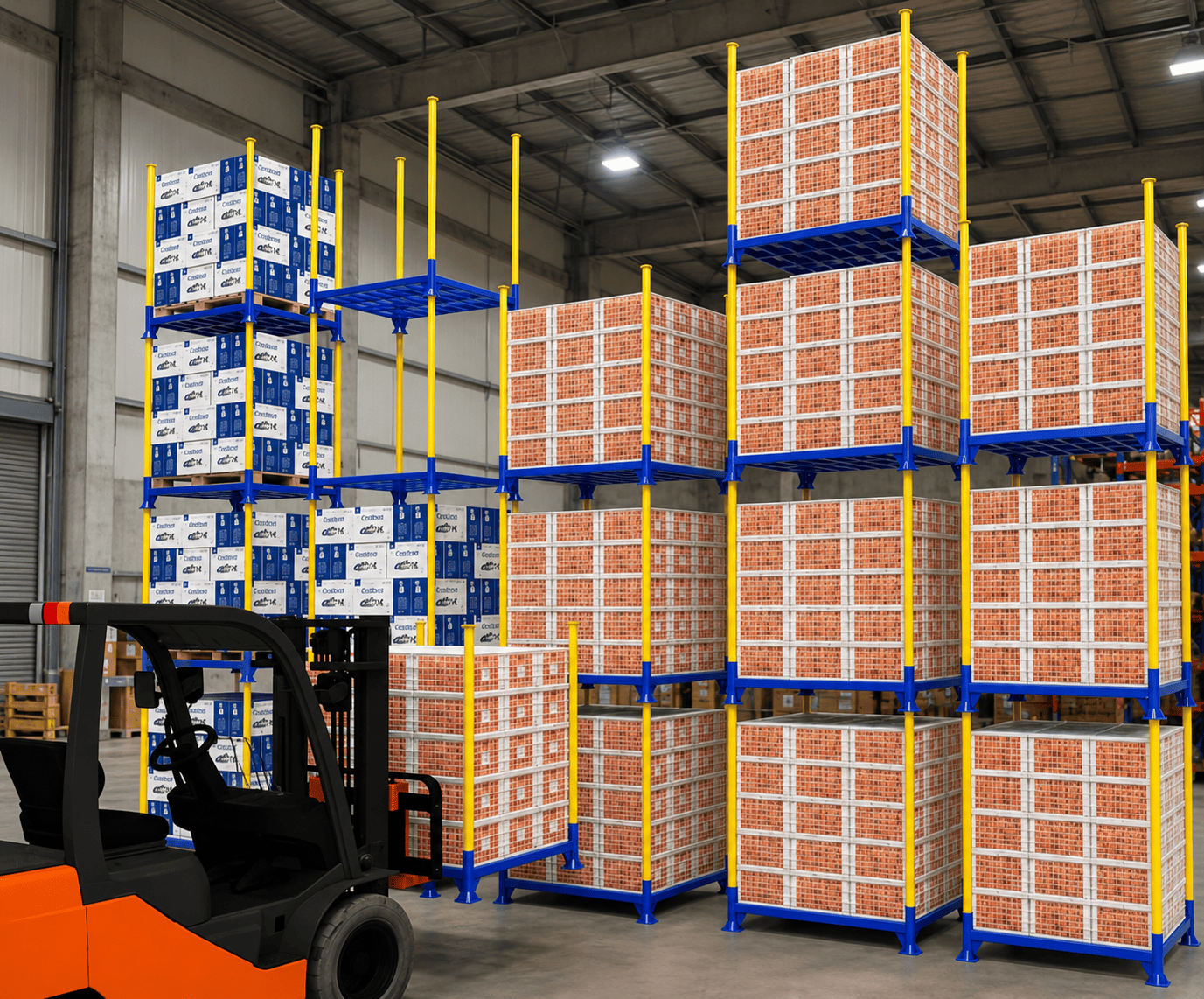 Different types of stackable storage racks in various industrial settings