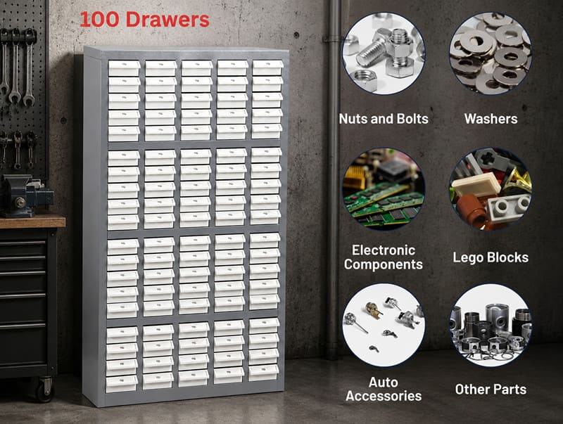 A well-organized hardware storage cabinet in a busy workshop