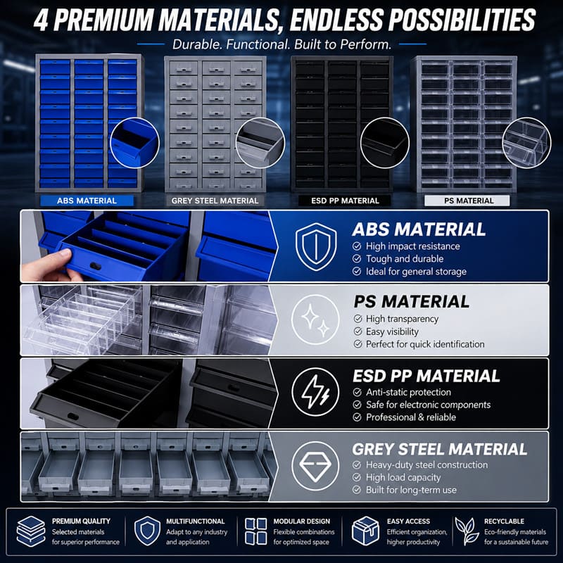 A durable, heavy-duty steel hardware storage cabinet in an industrial setting