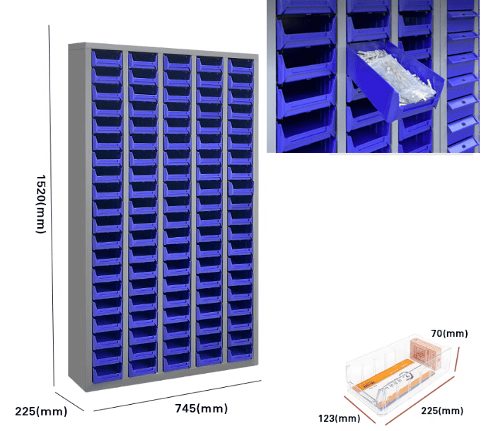 A steel parts organizer cabinet with clear drawers in a busy workshop