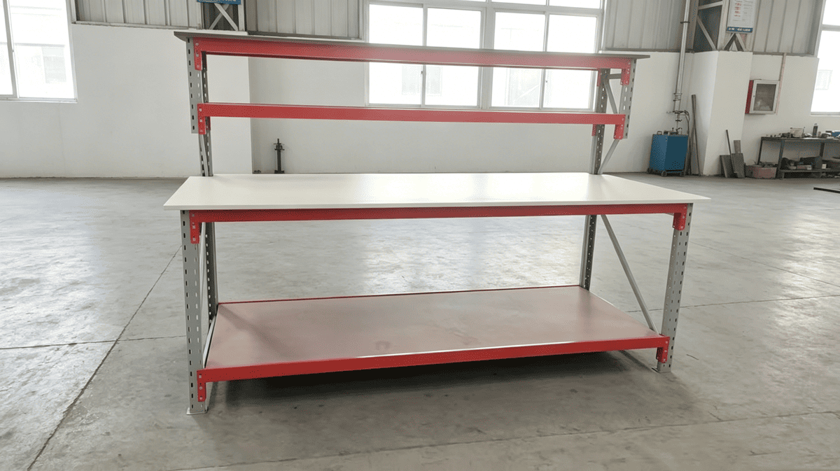 An industrial workbench being used in a factory workshop