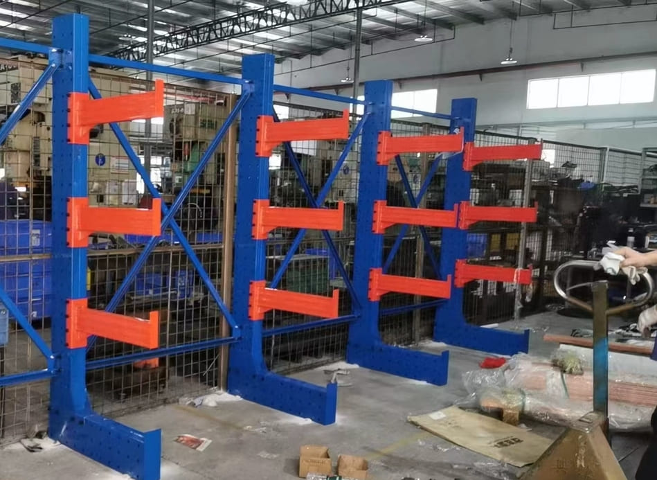 A cantilever rack system holding long pipes in a warehouse