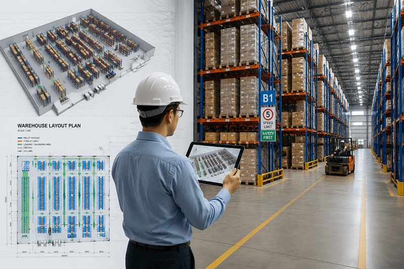 A well-organized warehouse with rows of pallet racking.