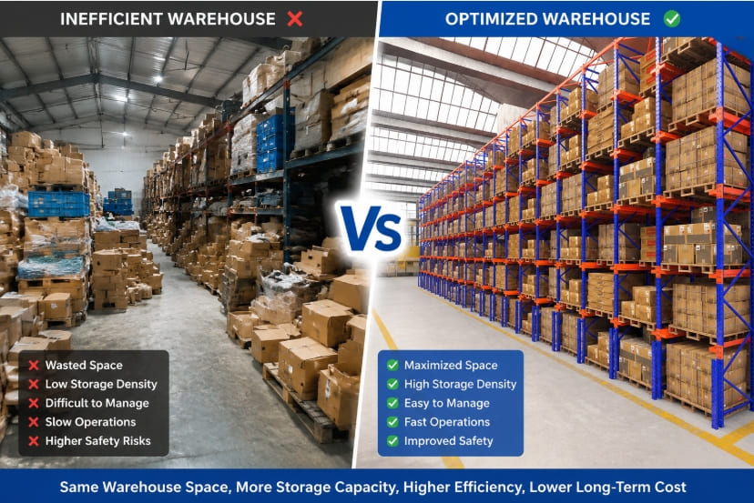 A comparison showing a cluttered warehouse versus a neatly organized one with efficient racking.