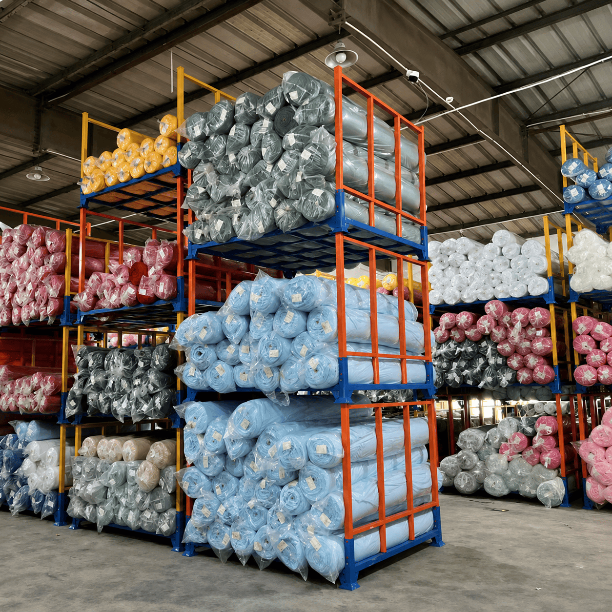 Side-by-side comparison of a flexible stacking rack setup and a rigid fixed rack setup