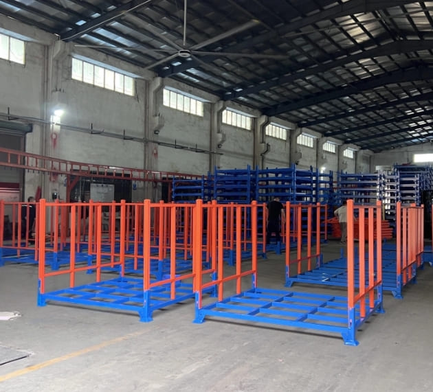 A warehouse using pallet stacking racks to store goods vertically