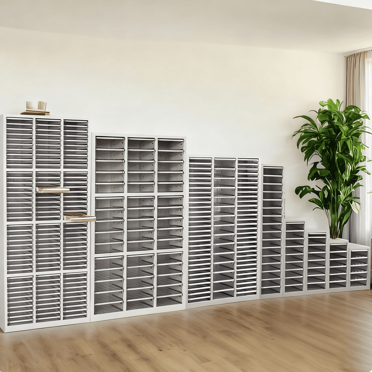 A well-organized office with a large metal paper storage cabinet.